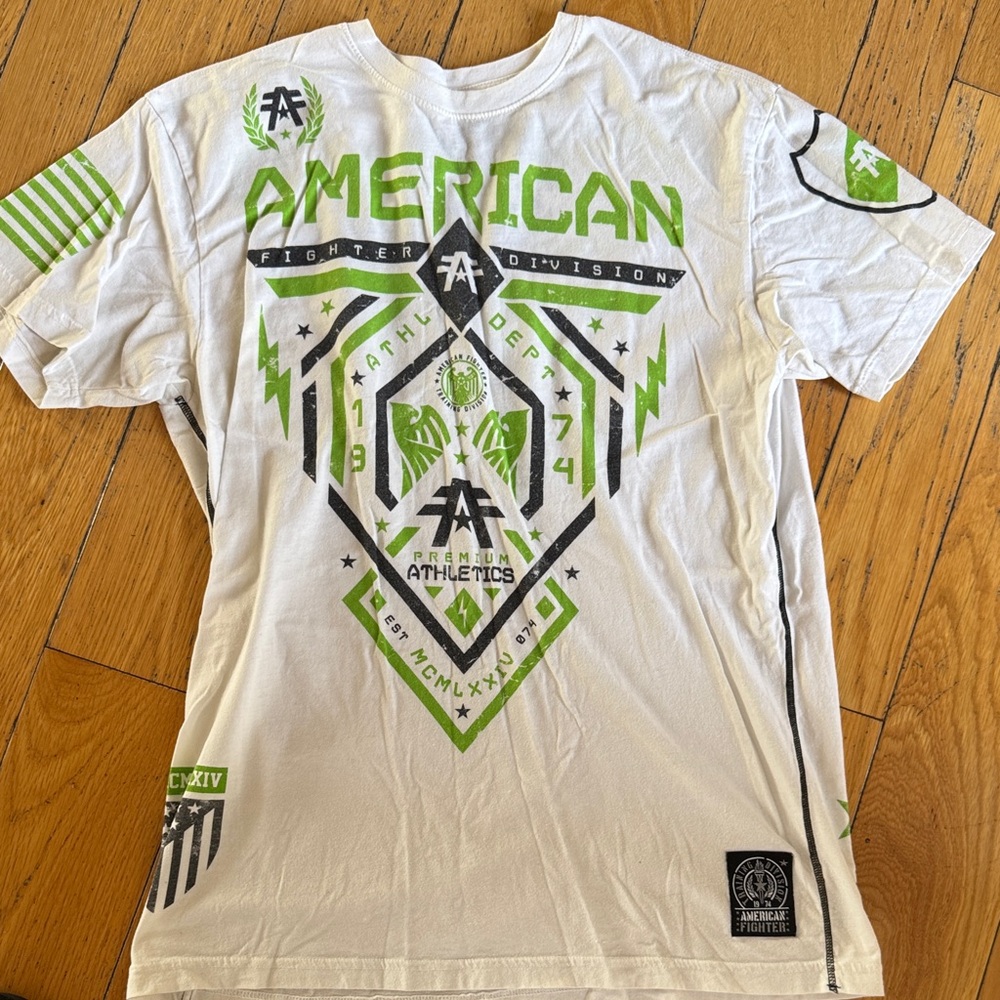 Men’s American Fighter White Tee with Green and Black Graphics